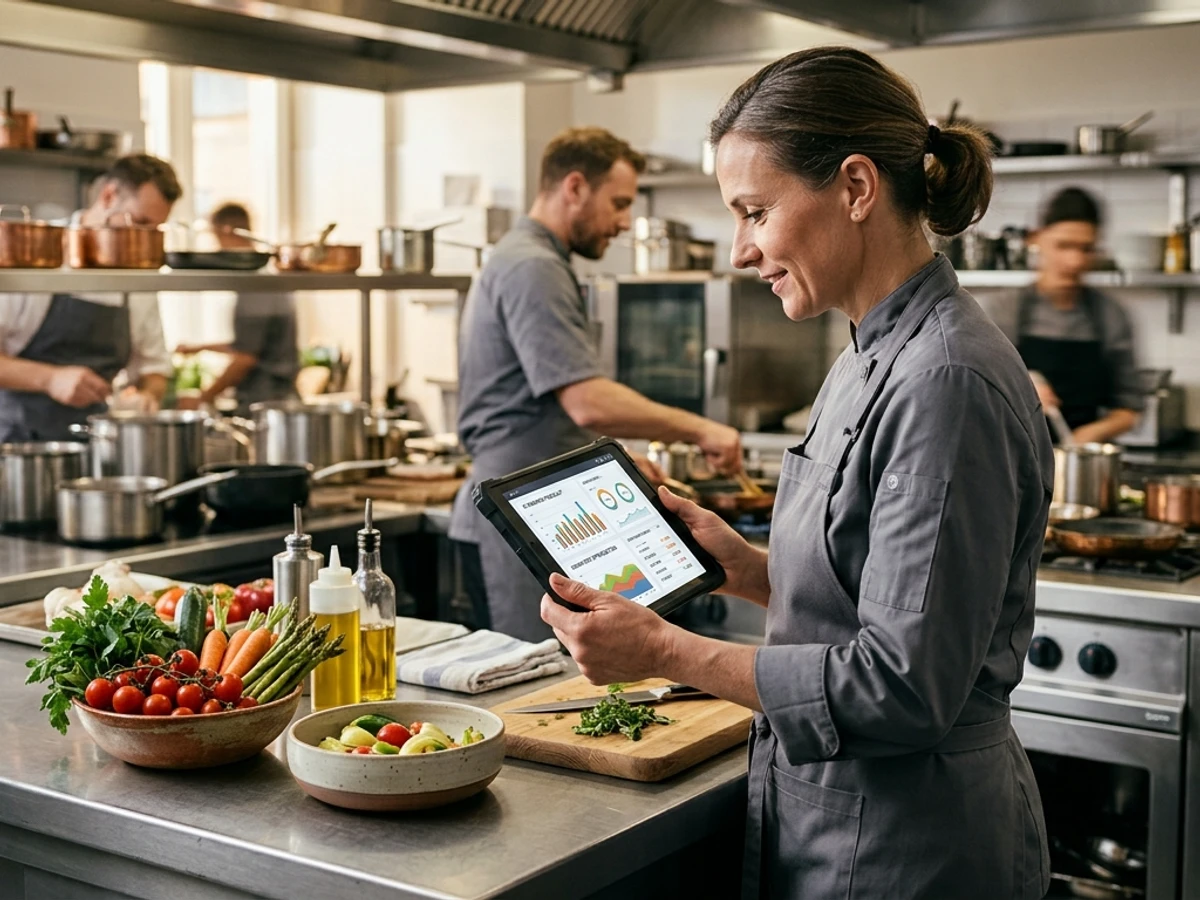 Chef in a modern professional kitchen reviewing AI-powered demand forecasting charts and inventory data on a tablet, with fresh ingredients arranged on stainless steel counters in warm natural lighting | FunSpot.ai