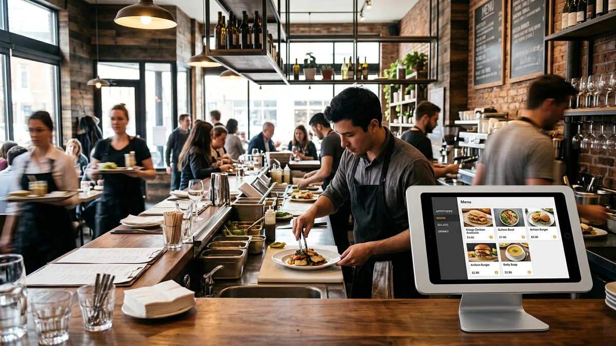 A busy restaurant counter during lunch rush with a tablet-based ordering kiosk in the foreground and staff plating food behind it in an industrial-modern interior | FunSpot.ai