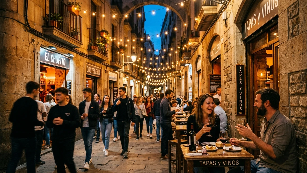 A vibrant narrow city street at night with groups of young people walking between warmly lit tapas bars and cocktail lounges, string lights strung between old stone buildings, and a couple sitting at an outdoor table with wine glasses | FunSpot.ai