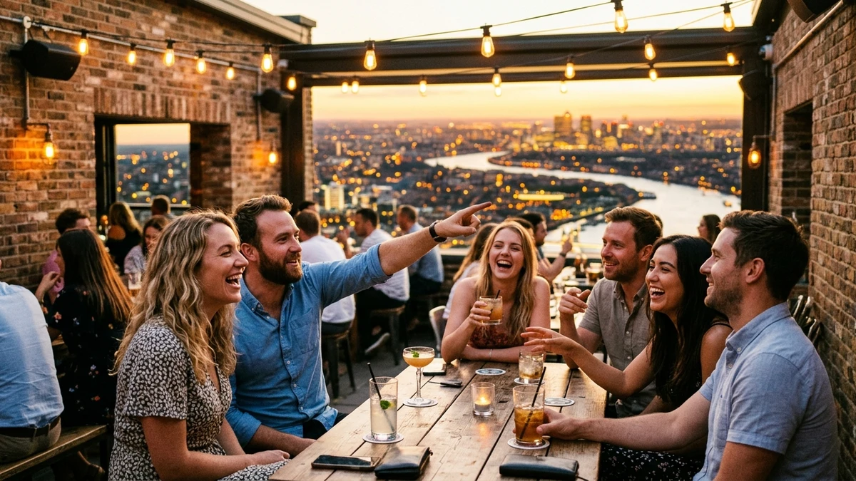 Group of friends laughing together at a rooftop bar at dusk, cocktails on the table, city skyline and river visible in the warm golden sunset background, string lights overhead | FunSpot.ai