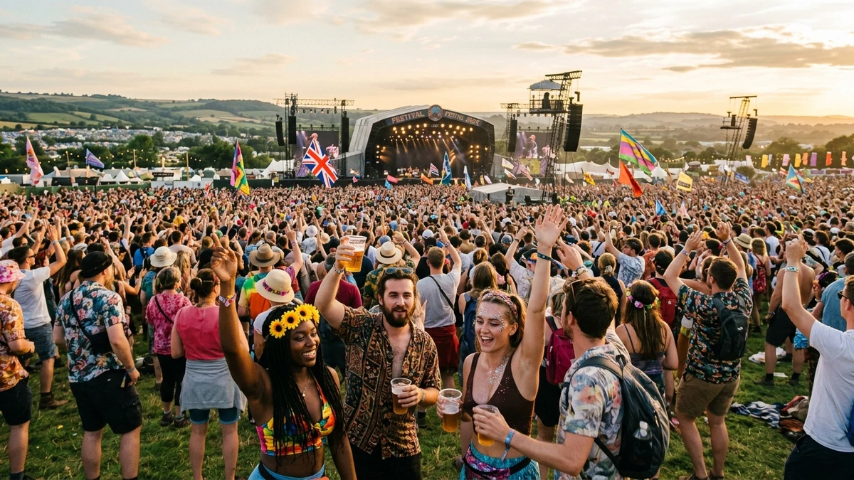Colourful festival crowd at a UK summer music event, with stage lights and warm golden sunset sky overhead | FunSpot.ai