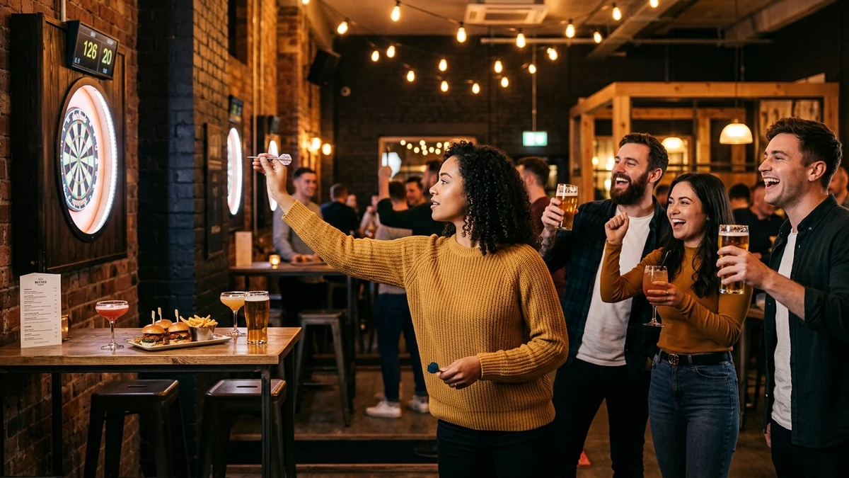 Group of friends laughing and competing at a social darts venue with exposed brick walls, Edison bulb string lights, and warm evening atmosphere | FunSpot.ai