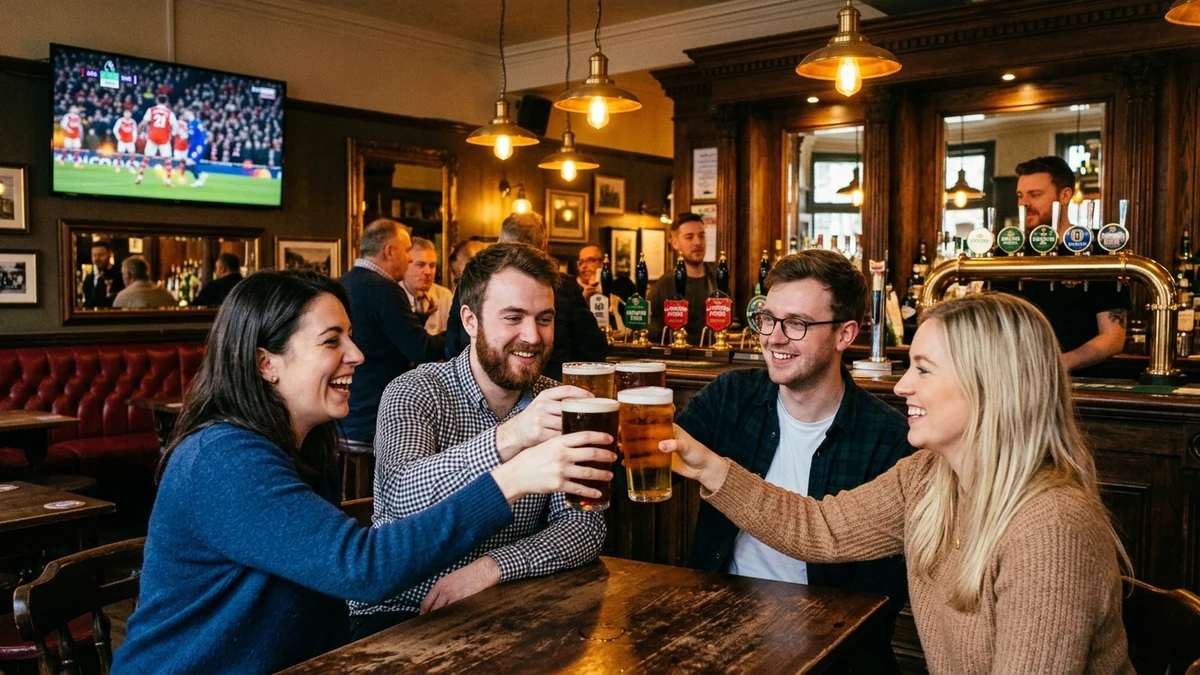 Friends raising pint glasses together at a classic British pub with wooden bar and brass taps, amber pendant lighting, and a television showing a football match in the background | FunSpot.ai