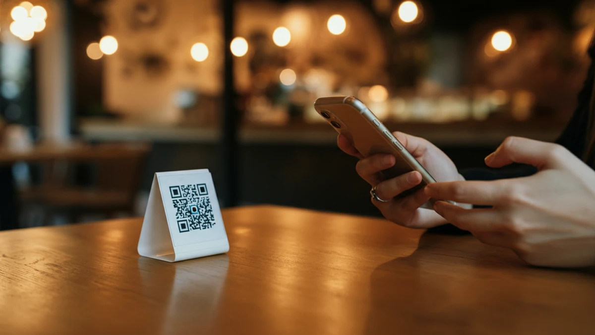 A person's hands holding a smartphone to scan a QR code menu on a wooden table in a restaurant.